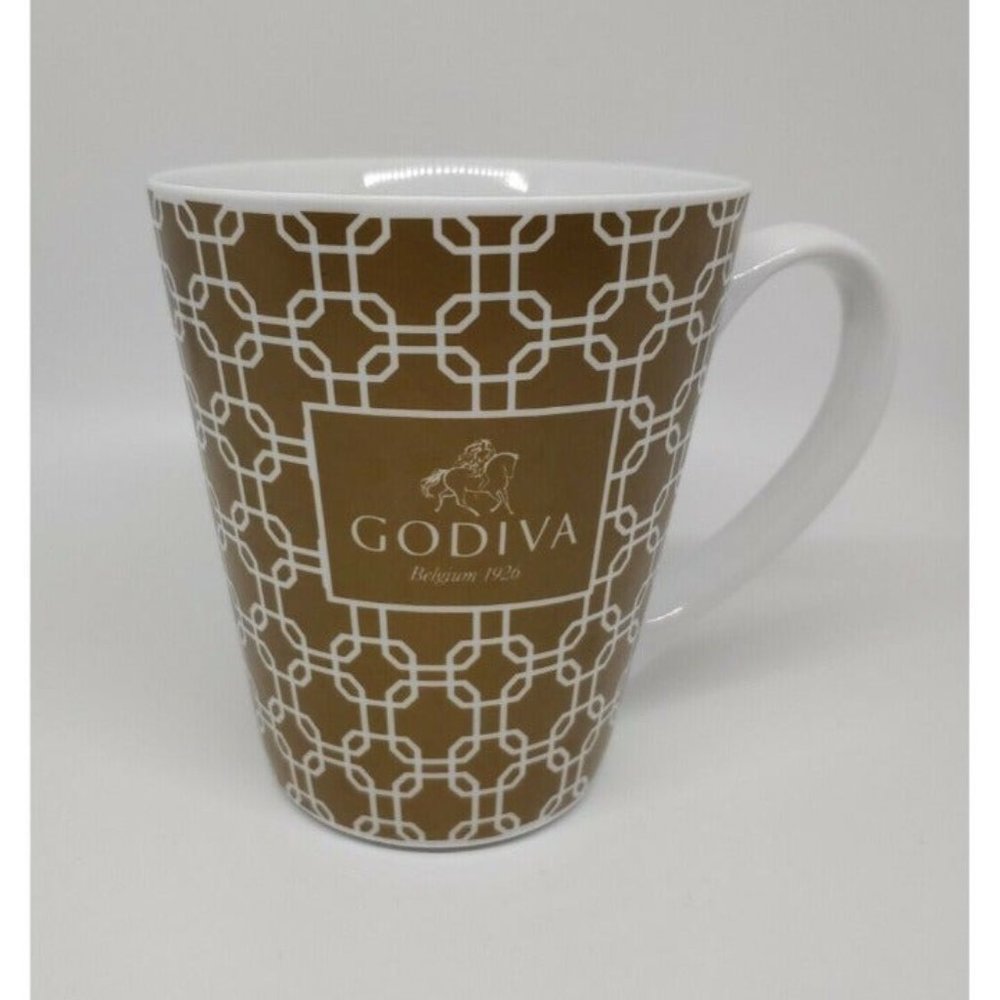 Godiva Chocolate Coffee Mug Geometric Pattern Gold White 2015 Collectible 12oz